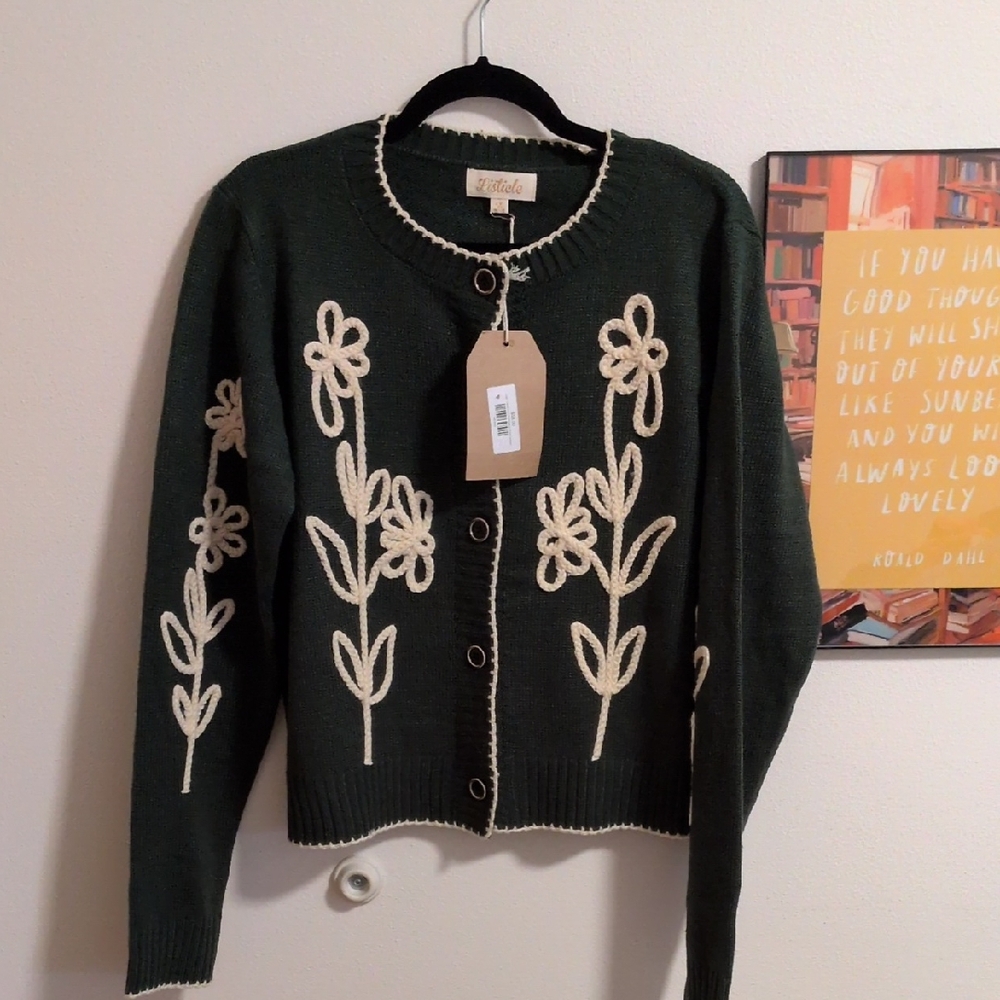 Listicle Cottagecore Dark Green & Cream Cardigan Sz L P2P:21 In Shoul2hem: 23 In